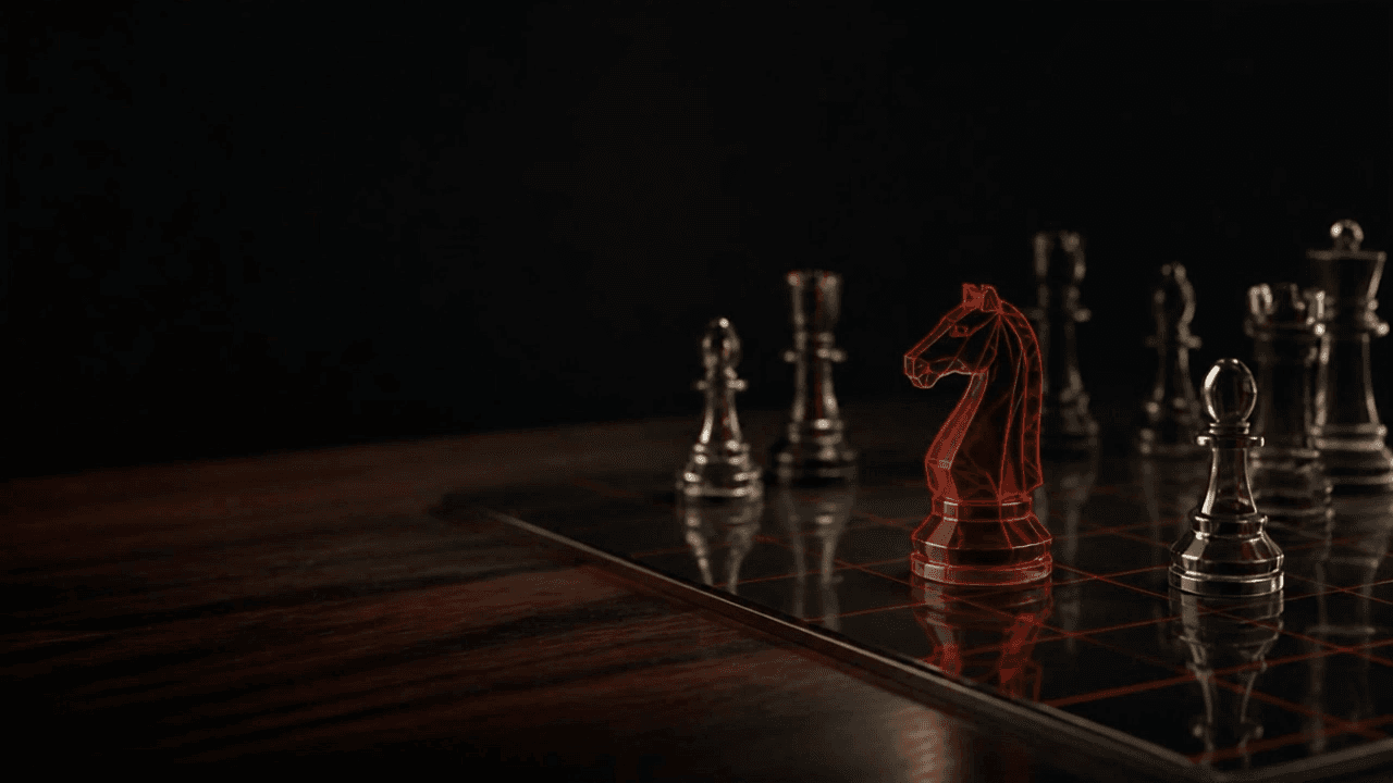 Caballo carmesí sobre un tablero de estrategia