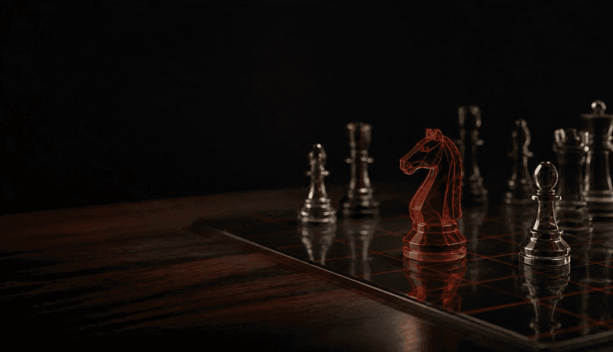Tablero de estrategia en obsidiana con un caballo carmesí